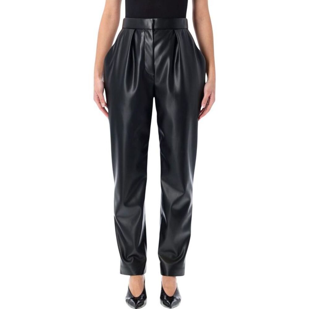 BALMAIN High-Waisted Pleated Faux Leather Pants Women BLACK